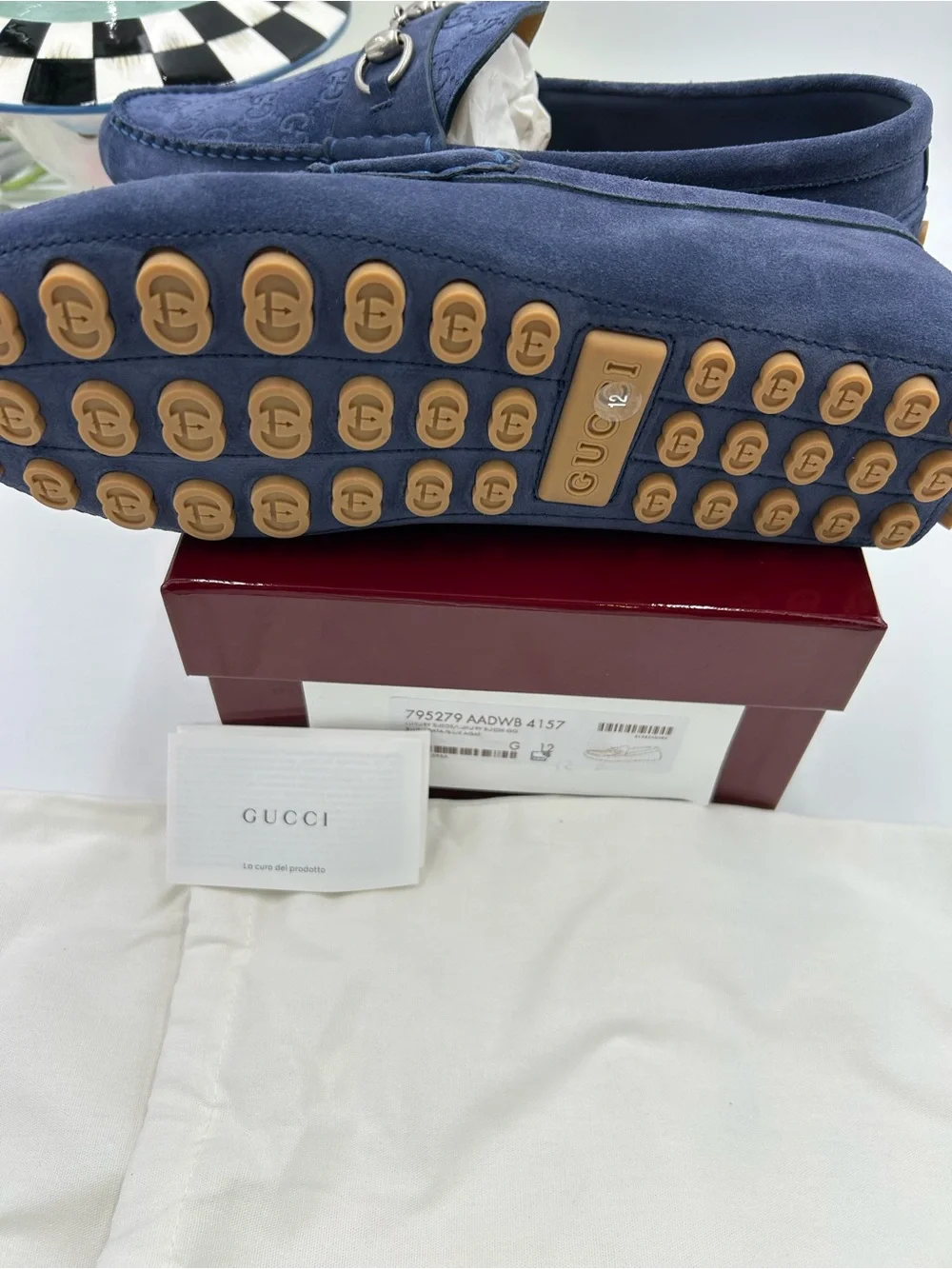 Men's Gucci blue suede GG embossed driver loafers size 12 fits 12.5 US - Picture 6 of 9